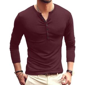 imageYTD Mens Casual Slim Fit Basic Henley Long Sleeve Fashion TShirt05 Long Sleeve Burgundy