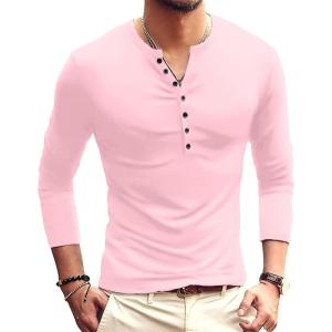 imageYTD Mens Casual Slim Fit Basic Henley Long Sleeve Fashion TShirt08 Long Sleeve Pink