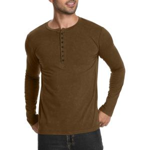 imageYTD Mens Casual Slim Fit Basic Henley Long Sleeve Fashion TShirtBrown Melange