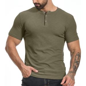 imageYTD Mens Muscle T Shirts Stretch Short Sleeve Workout Tee Casual Slim Fit Henley ShirtArmy Green