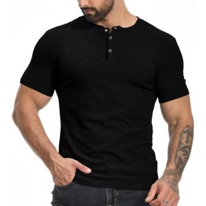 imageYTD Mens Muscle T Shirts Stretch Short Sleeve Workout Tee Casual Slim Fit Henley ShirtBlack