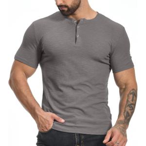 imageYTD Mens Muscle T Shirts Stretch Short Sleeve Workout Tee Casual Slim Fit Henley ShirtGray