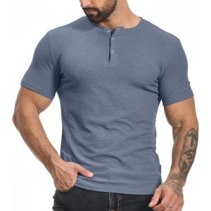 imageYTD Mens Muscle T Shirts Stretch Short Sleeve Workout Tee Casual Slim Fit Henley ShirtLight Blue