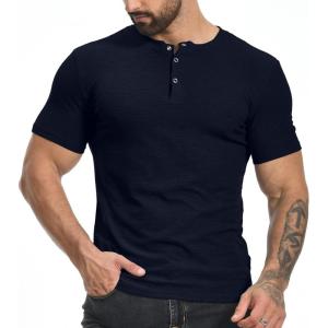 imageYTD Mens Muscle T Shirts Stretch Short Sleeve Workout Tee Casual Slim Fit Henley ShirtNavy