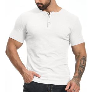 imageYTD Mens Muscle T Shirts Stretch Short Sleeve Workout Tee Casual Slim Fit Henley ShirtWhite