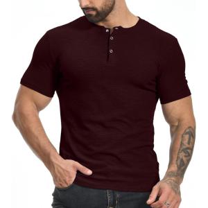 imageYTD Mens Muscle T Shirts Stretch Short Sleeve Workout Tee Casual Slim Fit Henley ShirtWine Red