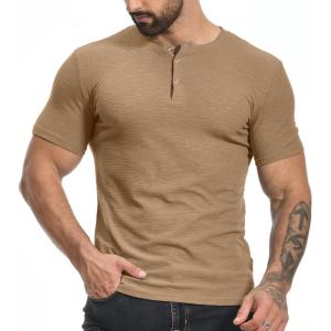 imageYTD Mens Muscle T Shirts Stretch Short Sleeve Workout Tee Casual Slim Fit Henley ShirtYellow
