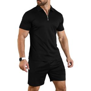 imageYTD Mens Short Sleeve Casual Polo Shirt and Shorts Sets Two Piece Summer Outfits Zip Polo Tracksuit Set for Men SXXLBlack