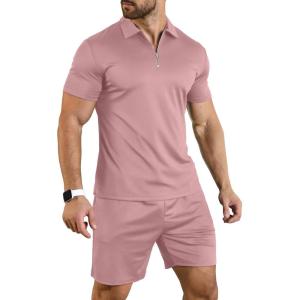 imageYTD Mens Short Sleeve Casual Polo Shirt and Shorts Sets Two Piece Summer Outfits Zip Polo Tracksuit Set for Men SXXLPink