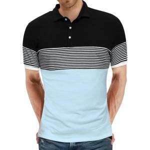 imageYTD Mens Short Sleeve Polo Shirts Casual Slim Fit Contrast Color Stitching Stripe Cotton Shirts01 Sky Blue
