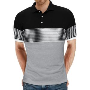 imageYTD Mens Short Sleeve Polo Shirts Casual Slim Fit Contrast Color Stitching Stripe Cotton Shirts02 Light Gray