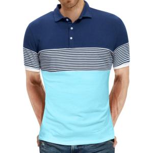 imageYTD Mens Short Sleeve Polo Shirts Casual Slim Fit Contrast Color Stitching Stripe Cotton Shirts04 Blue