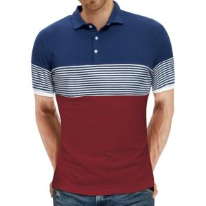 imageYTD Mens Short Sleeve Polo Shirts Casual Slim Fit Contrast Color Stitching Stripe Cotton Shirts07 Wine Red