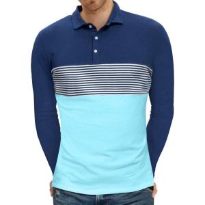 imageYTD Mens Short Sleeve Polo Shirts Casual Slim Fit Contrast Color Stitching Stripe Cotton ShirtsLong Sleeve Blue