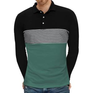 imageYTD Mens Short Sleeve Polo Shirts Casual Slim Fit Contrast Color Stitching Stripe Cotton ShirtsLong Sleeve Green