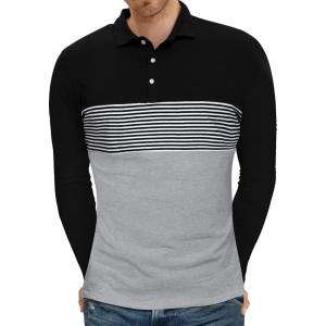 imageYTD Mens Short Sleeve Polo Shirts Casual Slim Fit Contrast Color Stitching Stripe Cotton ShirtsLong Sleeve Light Gray