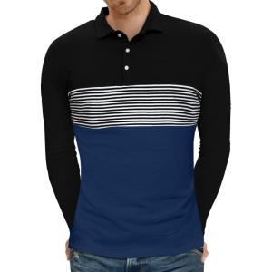 imageYTD Mens Short Sleeve Polo Shirts Casual Slim Fit Contrast Color Stitching Stripe Cotton ShirtsLong Sleeve Navy