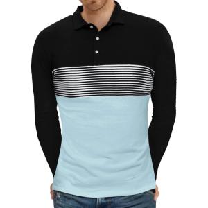 imageYTD Mens Short Sleeve Polo Shirts Casual Slim Fit Contrast Color Stitching Stripe Cotton ShirtsLong Sleeve Sky Blue