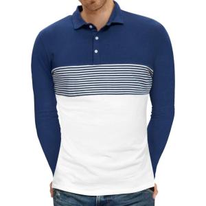 imageYTD Mens Short Sleeve Polo Shirts Casual Slim Fit Contrast Color Stitching Stripe Cotton ShirtsLong Sleeve White