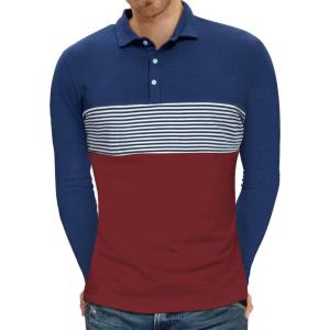 imageYTD Mens Short Sleeve Polo Shirts Casual Slim Fit Contrast Color Stitching Stripe Cotton ShirtsLong Sleeve Wine Red
