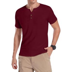 imageYTD Mens Summer Casual Short Sleeve Henley TShirts Button Placket Plain V Neck Shirts04 Wine Red
