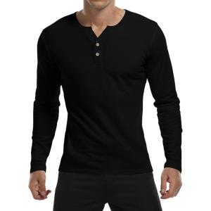 imageYTD Mens Summer Casual Short Sleeve Henley TShirts Button Placket Plain V Neck ShirtsLong Sleeve Black
