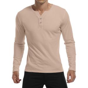 imageYTD Mens Summer Casual Short Sleeve Henley TShirts Button Placket Plain V Neck ShirtsLong Sleeve Khaki
