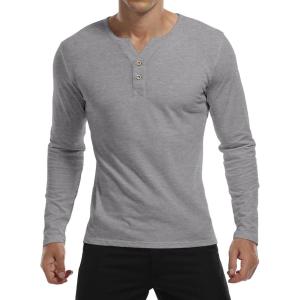 imageYTD Mens Summer Casual Short Sleeve Henley TShirts Button Placket Plain V Neck ShirtsLong Sleeve Light Gray