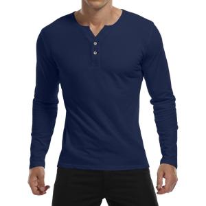 imageYTD Mens Summer Casual Short Sleeve Henley TShirts Button Placket Plain V Neck ShirtsLong Sleeve Navy