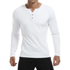 imageYTD Mens Summer Casual Short Sleeve Henley TShirts Button Placket Plain V Neck ShirtsLong Sleeve White