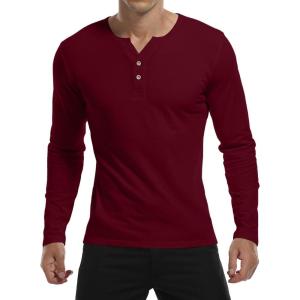 imageYTD Mens Summer Casual Short Sleeve Henley TShirts Button Placket Plain V Neck ShirtsLong Sleeve Wine Red