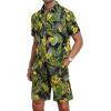 imageYTD Mens Flower Hawaiian 2 Piece Outfit Sets Short Sleeve Beach Casual Button Down Shirt and Shorts SuitsBlack Yellow Leaf