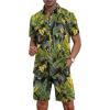 imageYTD Mens Flower Hawaiian 2 Piece Outfit Sets Short Sleeve Beach Casual Button Down Shirt and Shorts SuitsBlack Yellow Leaf