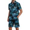 imageYTD Mens Flower Hawaiian 2 Piece Outfit Sets Short Sleeve Beach Casual Button Down Shirt and Shorts SuitsBlue Green Leaf