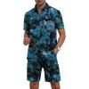 imageYTD Mens Flower Hawaiian 2 Piece Outfit Sets Short Sleeve Beach Casual Button Down Shirt and Shorts SuitsBlue Green Leaf