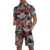 imageYTD Mens Flower Hawaiian 2 Piece Outfit Sets Short Sleeve Beach Casual Button Down Shirt and Shorts SuitsRed Leaf