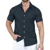 imageYTD Mens Casual Linen Button Down Shirt Short Sleeve Beach ShirtDenim Blue