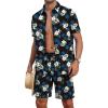 imageYTD Mens Flower Hawaiian 2 Piece Outfit Sets Short Sleeve Beach Casual Button Down Shirt and Shorts SuitsBlack White Flower