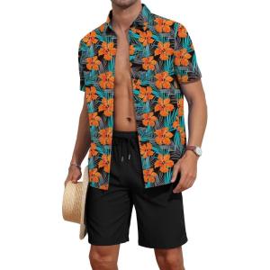 imageYTD Mens 2 Piece Outfits Tropical Print Short Sleeve Button Down Hawaiian Shirt and Beach Shorts SetBlack Orange Flower