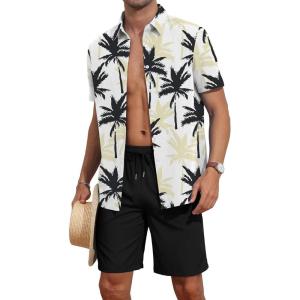 imageYTD Mens 2 Piece Outfits Tropical Print Short Sleeve Button Down Hawaiian Shirt and Beach Shorts SetBlack White Tropical