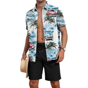 imageYTD Mens 2 Piece Outfits Tropical Print Short Sleeve Button Down Hawaiian Shirt and Beach Shorts SetCar White