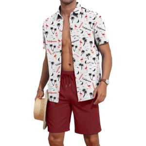 imageYTD Mens 2 Piece Outfits Tropical Print Short Sleeve Button Down Hawaiian Shirt and Beach Shorts SetFlamingo White