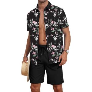 imageYTD Mens 2 Piece Outfits Tropical Print Short Sleeve Button Down Hawaiian Shirt and Beach Shorts SetFloral Black