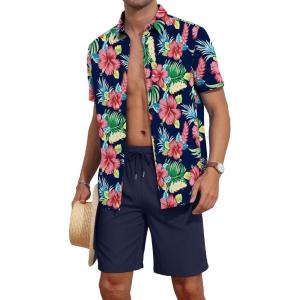 imageYTD Mens 2 Piece Outfits Tropical Print Short Sleeve Button Down Hawaiian Shirt and Beach Shorts SetFloral Navy