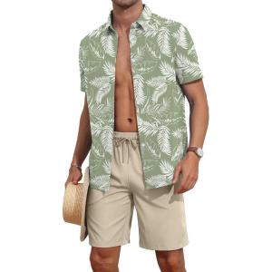 imageYTD Mens 2 Piece Outfits Tropical Print Short Sleeve Button Down Hawaiian Shirt and Beach Shorts SetGreen Palm Leaf
