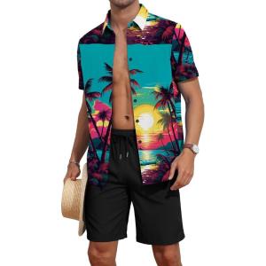 imageYTD Mens 2 Piece Outfits Tropical Print Short Sleeve Button Down Hawaiian Shirt and Beach Shorts SetSunset
