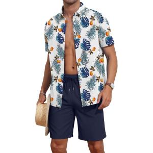 imageYTD Mens 2 Piece Outfits Tropical Print Short Sleeve Button Down Hawaiian Shirt and Beach Shorts SetWhite Blue Leaf