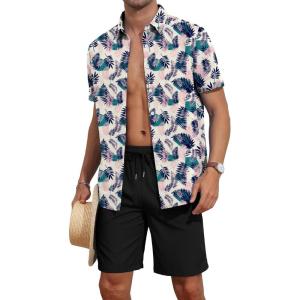 imageYTD Mens 2 Piece Outfits Tropical Print Short Sleeve Button Down Hawaiian Shirt and Beach Shorts SetWhite Pink Leaf