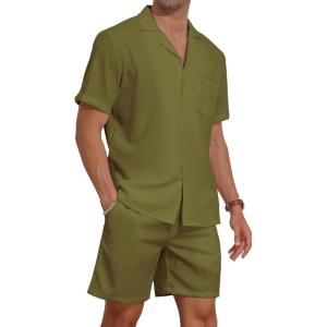 imageYTD Mens 2 Pieces Shirt Set Short Sleeve Button Down Casual Hippie Holiday Beach TShirts Shorts OutfitsArmy Green
