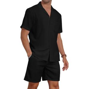imageYTD Mens 2 Pieces Shirt Set Short Sleeve Button Down Casual Hippie Holiday Beach TShirts Shorts OutfitsBlack